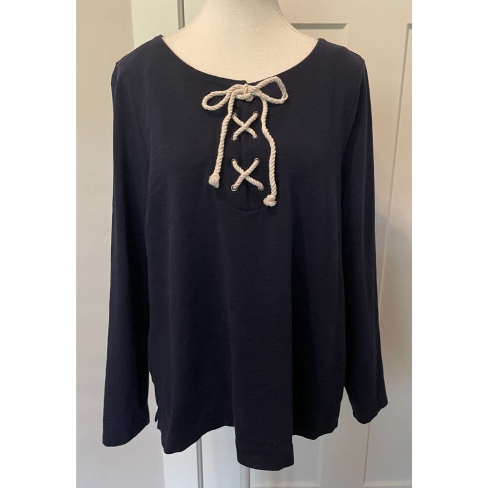 TALBOTS Womens Knit TOP Long Sleeve BLUE Rope Lace-Up Nautical Size L